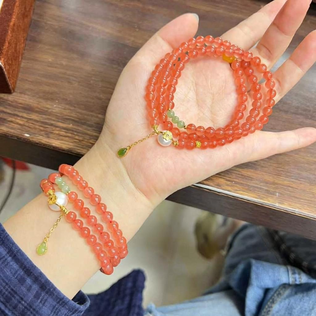 Natural Nanhong Agate Bracelet for Women         Three loops, 6mm (South Red Agate + Jasper Pearl)