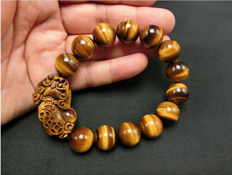 Yellow Tiger Eye Stone Pixiu Bracelet, Tiger's Eye Bracelet for Men and Women, Petrified Wood Jade Ornament(Diameter 14mm)