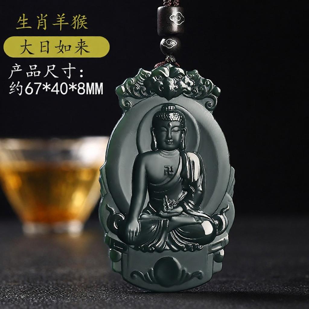 Qinghai Material Nephrite Dark Green Jade Guardian Buddha Pendant for Zodiac Signs, Chinese Zodiac Patron Saint Jade Pendant