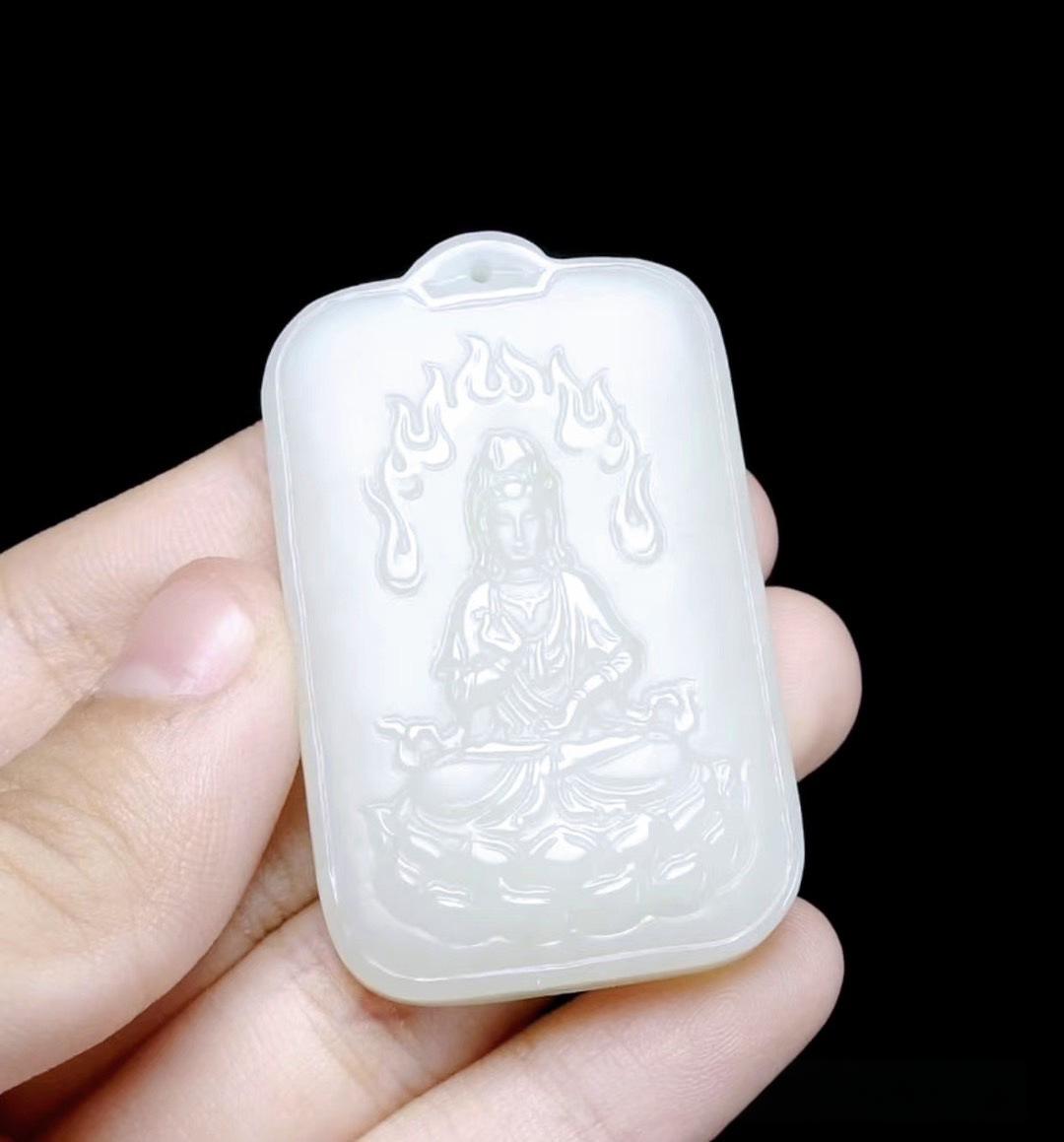 White Golden Silk Jade Guanyin Pendant(Double-sided Guanyin Plaque 30×50mm)