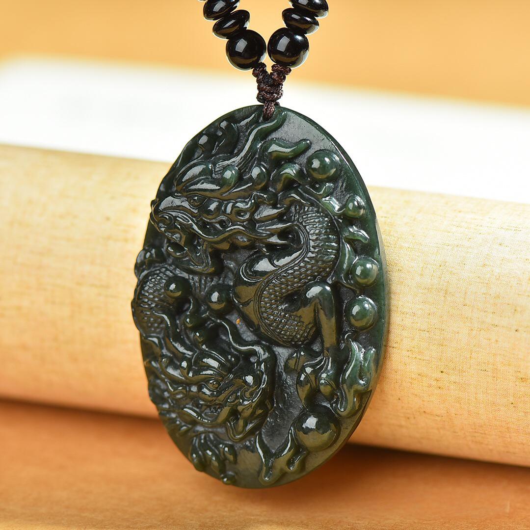 Unisex Xinjiang Hetian Dark Green Jade Zodiac Dragon Pendant