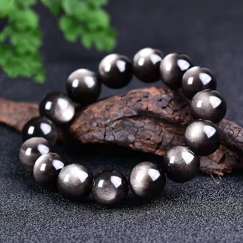 Silver Obsidian Round Bead Bracelet for Men Women, Couple Style