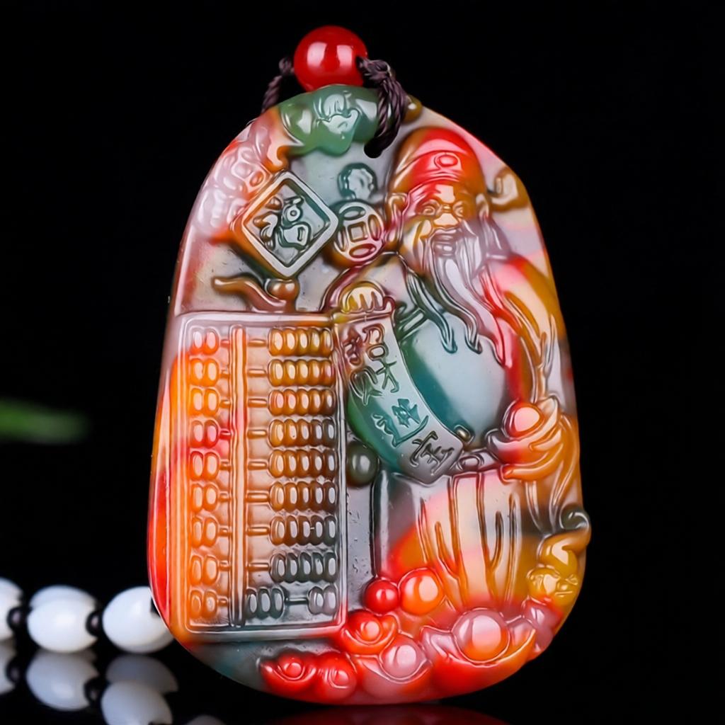 Xinjiang Hetian Multicolor Jade God of Wealth Charm Pendant