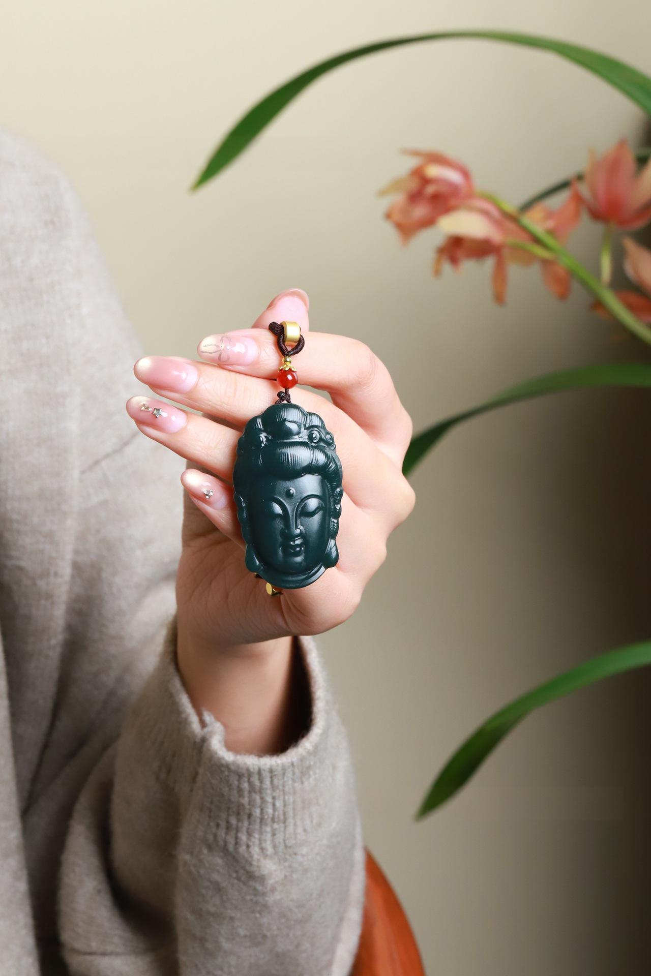 Xinjiang Hetian Jade Celadon Guanyin Pendant