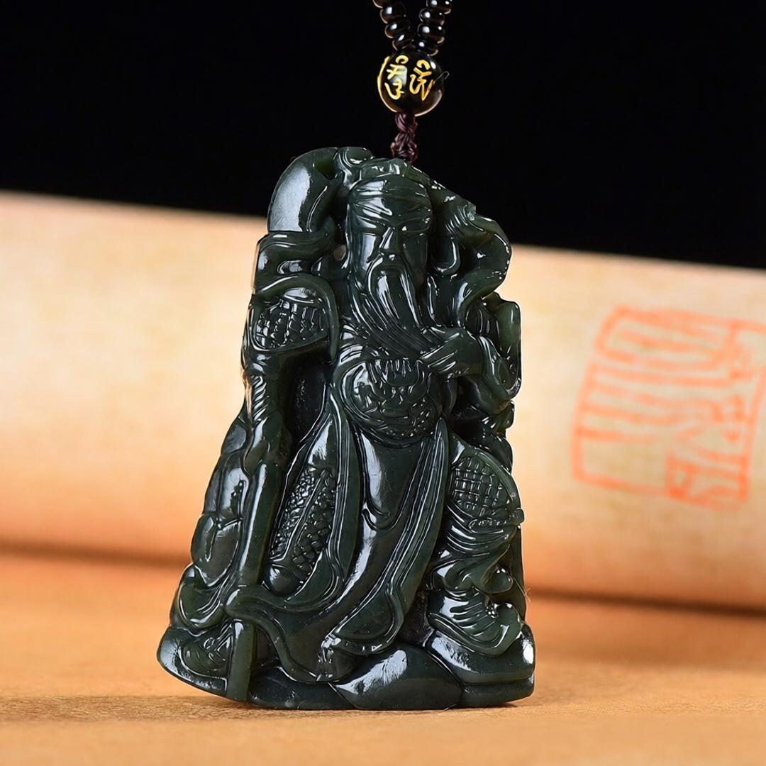 Men's Xinjiang Hetian Celadon Jade Guan Gong Pendant Necklace